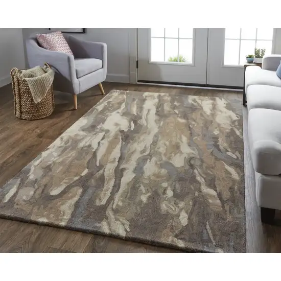 Brown Gray And Tan Wool Abstract Tufted Handmade Stain Resistant Area Rug Photo 4