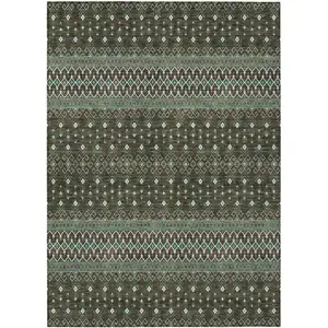 Photo of Brown Green And Olive Green Tribal Washable Indoor Outdoor Area Rug