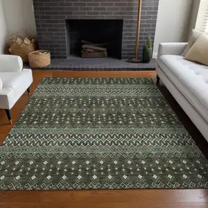 Photo of Brown Green And Olive Green Tribal Washable Indoor Outdoor Area Rug