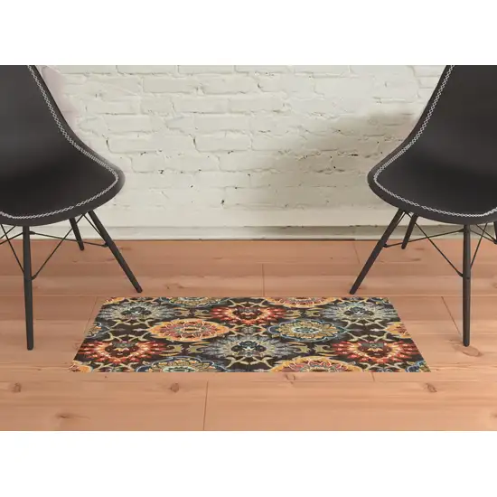 Brown Grey Rust Red Gold Teal And Blue Green Floral Power Loom Stain Resistant Area Rug Photo 2