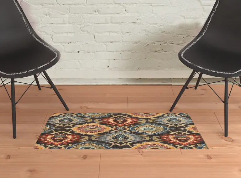 Brown Grey Rust Red Gold Teal And Blue Green Floral Power Loom Stain Resistant Area Rug Photo 2