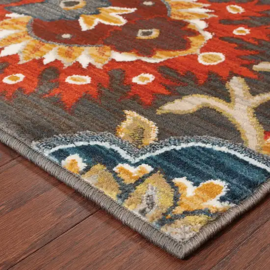 Brown Grey Rust Red Gold Teal And Blue Green Floral Power Loom Stain Resistant Area Rug Photo 3