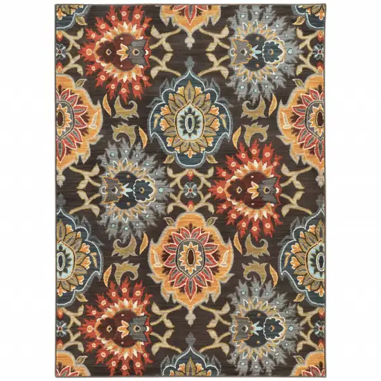 Brown Grey Rust Red Gold Teal And Blue Green Floral Power Loom Stain Resistant Area Rug Photo 1