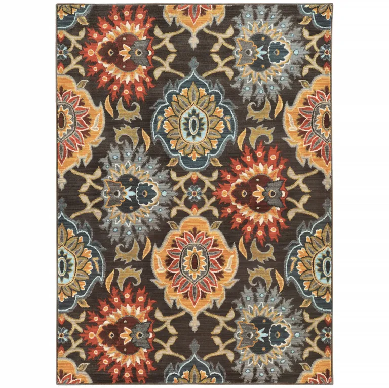 Brown Grey Rust Red Gold Teal And Blue Green Floral Power Loom Stain Resistant Area Rug Photo 1