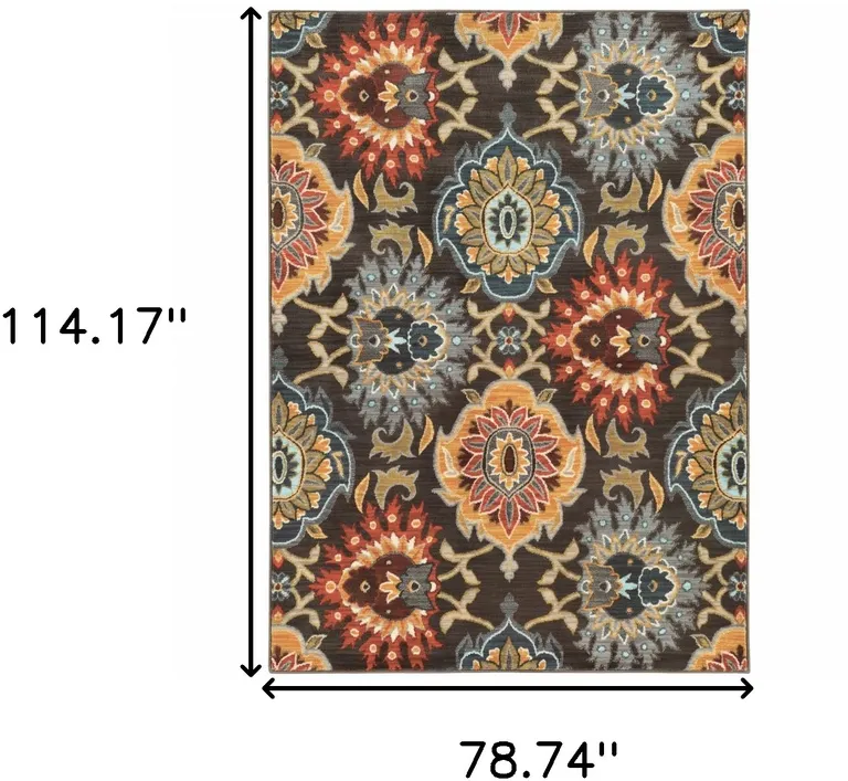 Brown Grey Rust Red Gold Teal And Blue Green Floral Power Loom Stain Resistant Area Rug Photo 4