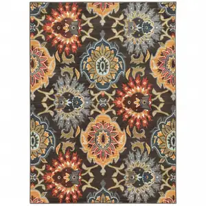 Photo of Brown Grey Rust Red Gold Teal And Blue Green Floral Power Loom Stain Resistant Area Rug