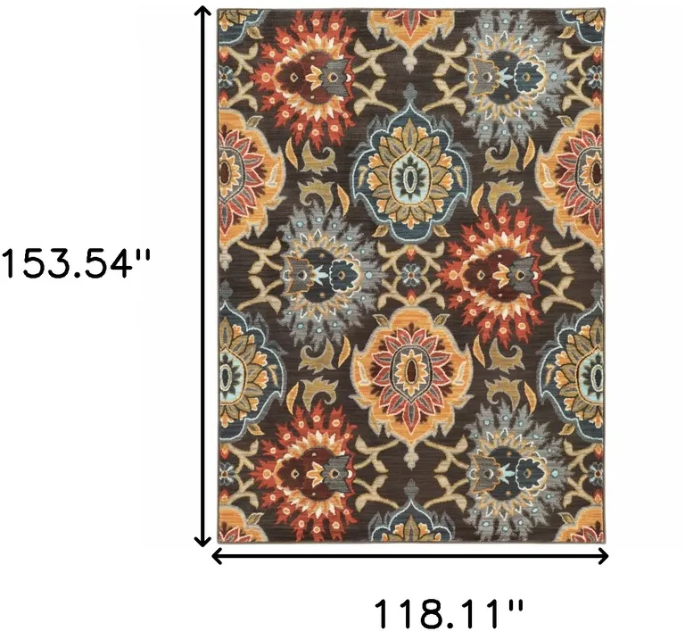 Brown Grey Rust Red Gold Teal And Blue Green Floral Power Loom Stain Resistant Area Rug Photo 4