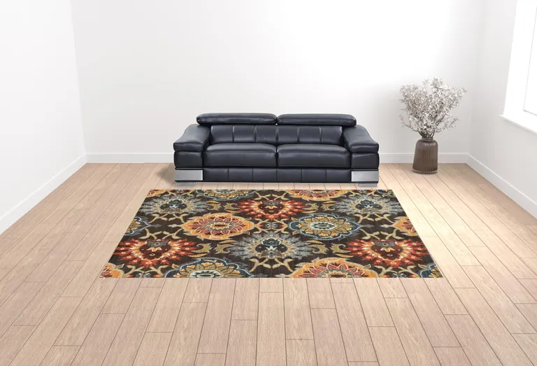 Brown Grey Rust Red Gold Teal And Blue Green Floral Power Loom Stain Resistant Area Rug Photo 2