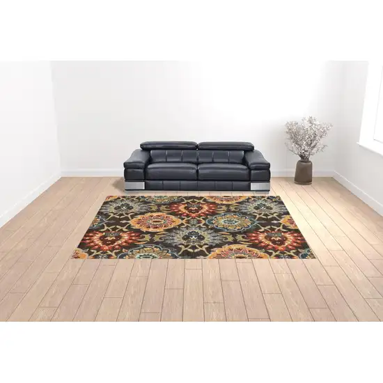 Brown Grey Rust Red Gold Teal And Blue Green Floral Power Loom Stain Resistant Area Rug Photo 2