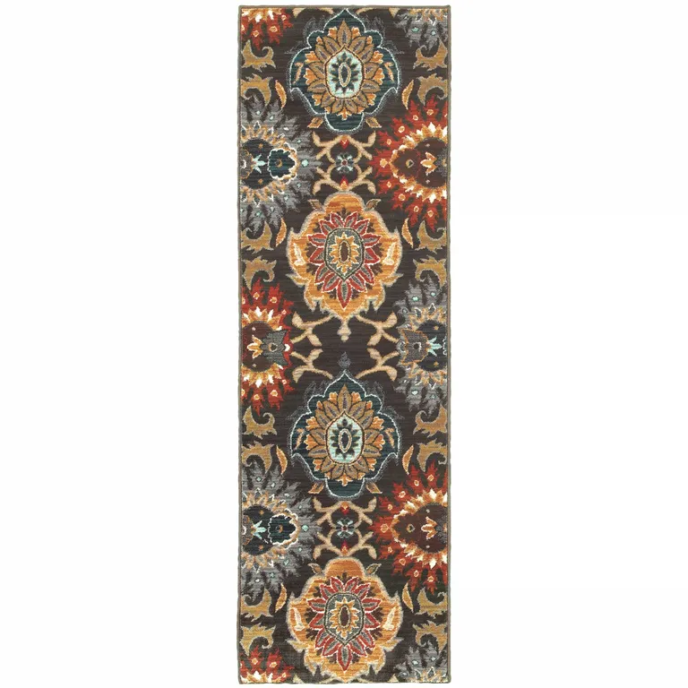 Brown Grey Rust Red Gold Teal And Blue Green Floral Power Loom Stain Resistant Runner Rug Photo 1