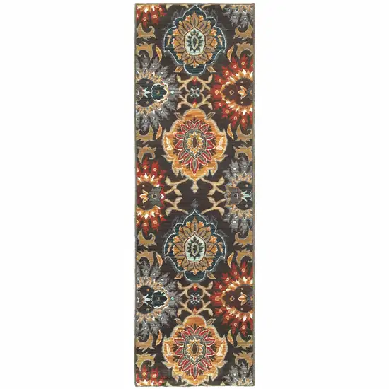 Brown Grey Rust Red Gold Teal And Blue Green Floral Power Loom Stain Resistant Runner Rug Photo 1