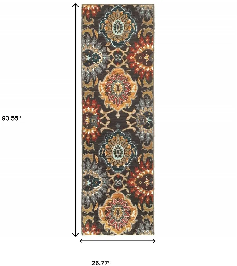 Brown Grey Rust Red Gold Teal And Blue Green Floral Power Loom Stain Resistant Runner Rug Photo 5