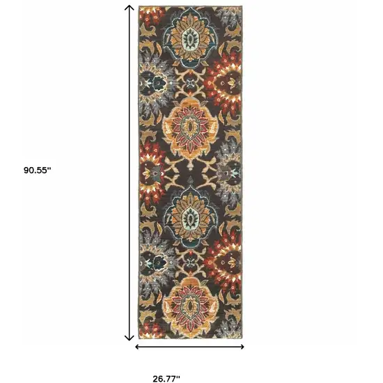 Brown Grey Rust Red Gold Teal And Blue Green Floral Power Loom Stain Resistant Runner Rug Photo 5