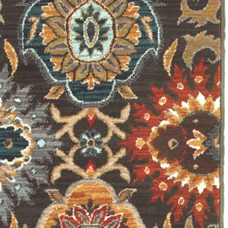 Brown Grey Rust Red Gold Teal And Blue Green Floral Power Loom Stain Resistant Runner Rug Photo 3