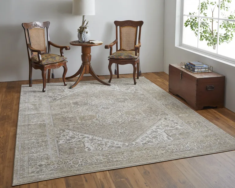 Brown Ivory And Tan Floral Power Loom Distressed Area Rug Photo 3