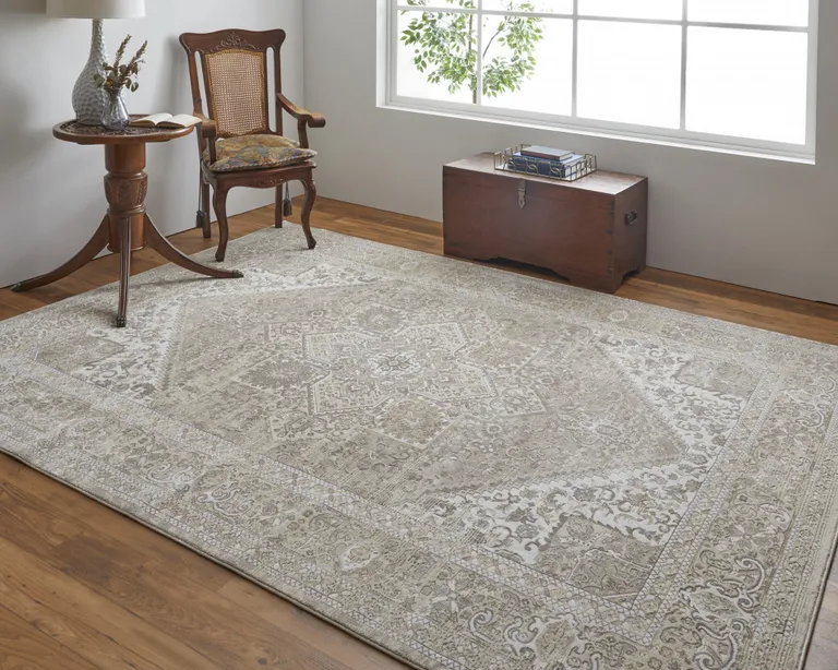 Brown Ivory And Tan Floral Power Loom Distressed Area Rug Photo 5