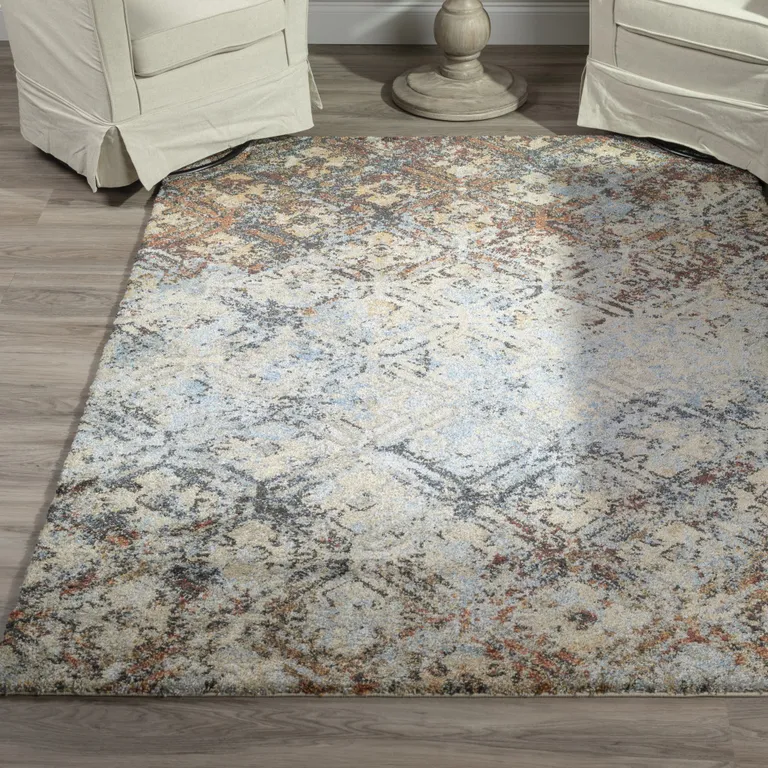 Brown Light Blue And Gray Distressed Diamond Area Rug Photo 3