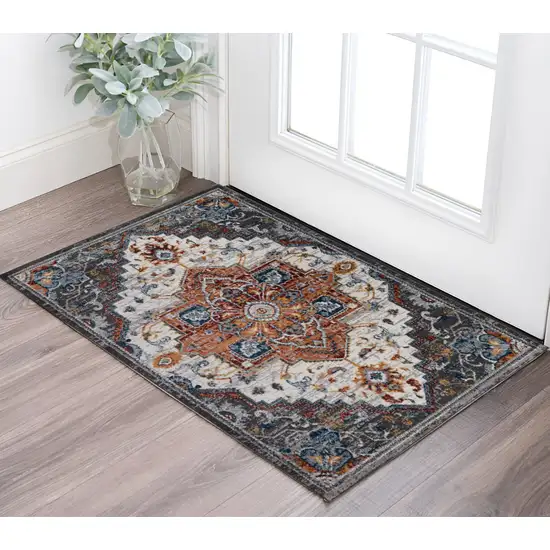 Gray Rust and Orange Medallion Power Loom Area Rug Photo 1