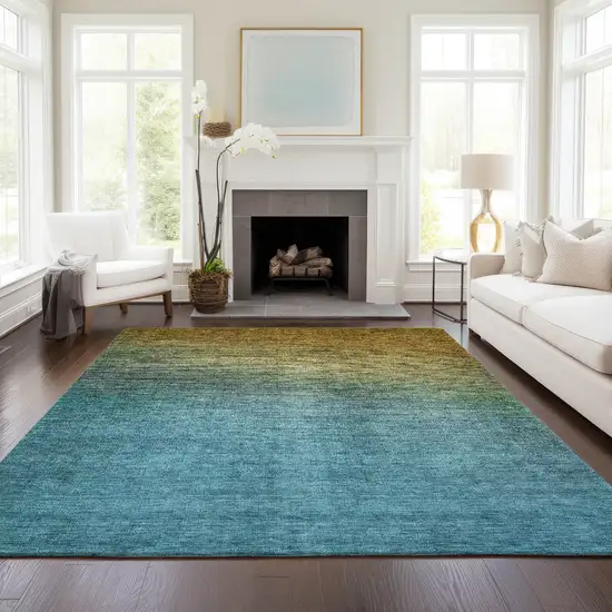 Brown Blue And Taupe Ombre Washable Indoor Outdoor Area Rug Photo 8