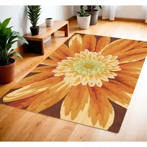 Photo of Brown Orange and Yellow Floral Hand Carved Handmade Area Rug