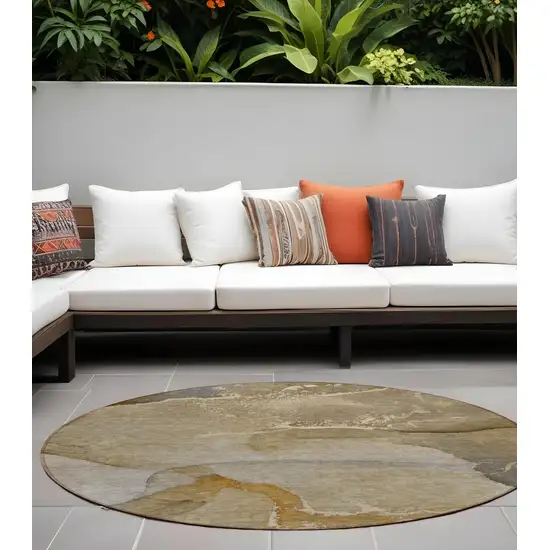 Brown Round Abstract Washable Indoor Outdoor Area Rug Photo 1