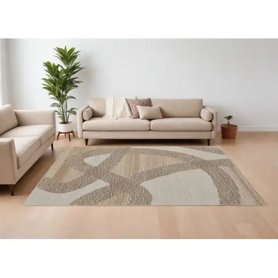 Brown Tan and Ivory Wool Abstract Hand Tufted Area Rug Photo 1