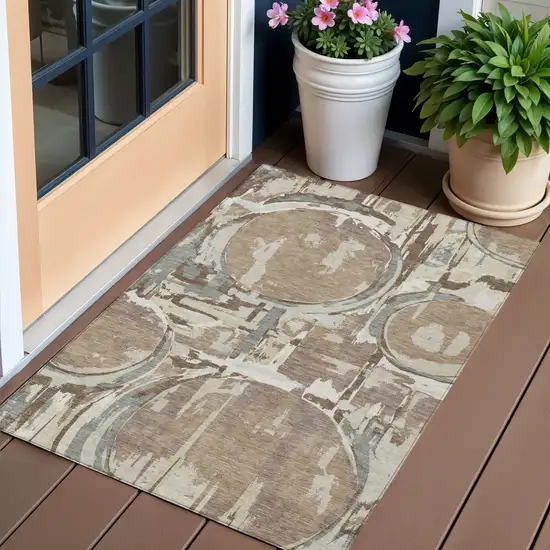 Brown Taupe And Beige Geometric Washable Indoor Outdoor Area Rug Photo 1