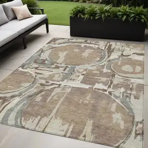 Photo of Brown Taupe And Beige Geometric Washable Indoor Outdoor Area Rug