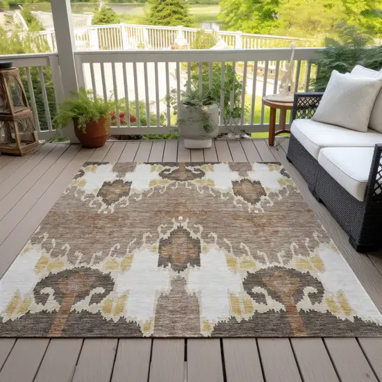 Brown Taupe And Beige Ikat Washable Indoor Outdoor Area Rug Photo 7