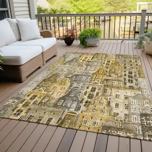 Photo of Brown Taupe And Gold Village Houses Washable Indoor Outdoor Area Rug