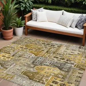 Photo of Brown Taupe And Gold Village Houses Washable Indoor Outdoor Area Rug