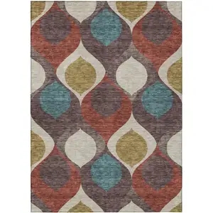 Photo of Brown Taupe And Teal Blue Ogee Washable Indoor Outdoor Area Rug