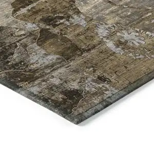 Photo of Brown Terracotta and Gray Floral Washable Non Skid Indoor Outdoor Area Rug