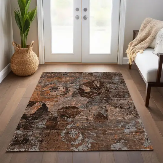 Brown Terracotta and Gray Floral Washable Non Skid Indoor Outdoor Area Rug Photo 9