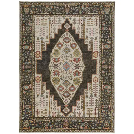 Brown Yellow And Green Wool Floral Hand Knotted Distressed Stain Resistant Area Rug With Fringe Photo 2