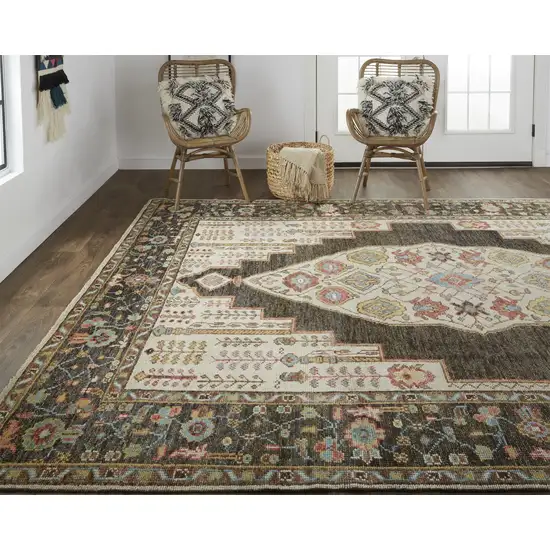 Brown Yellow And Green Wool Floral Hand Knotted Distressed Stain Resistant Area Rug With Fringe Photo 7