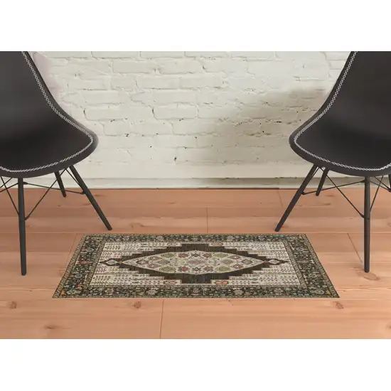 Brown Yellow And Green Wool Floral Hand Knotted Distressed Stain Resistant Area Rug With Fringe Photo 3