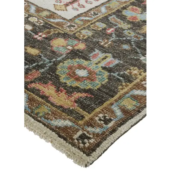 Brown Yellow And Green Wool Floral Hand Knotted Distressed Stain Resistant Area Rug With Fringe Photo 4