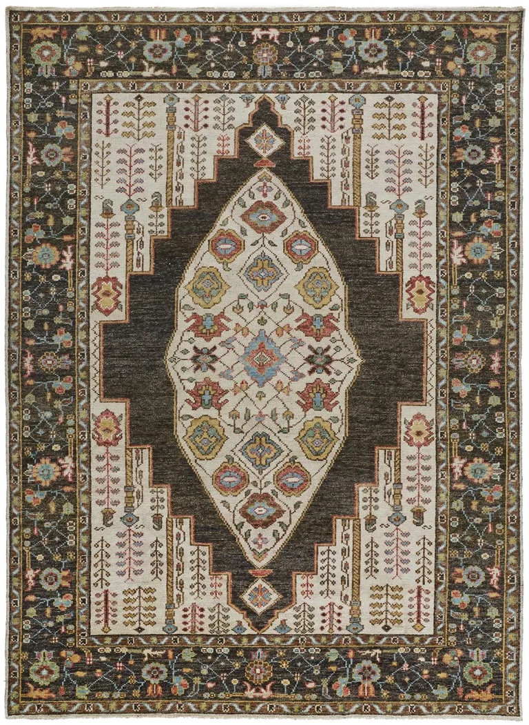 Brown Yellow And Green Wool Floral Hand Knotted Distressed Stain Resistant Area Rug With Fringe Photo 2