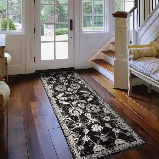 Brown and Black Oriental Power Loom Runner Rug Photo 5