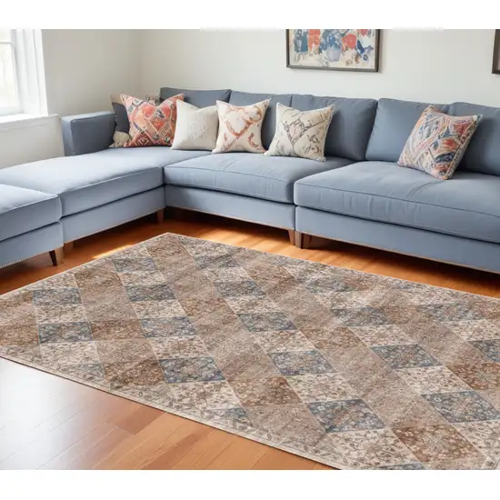 Brown and Blue Floral Distressed Area Rug Photo 1