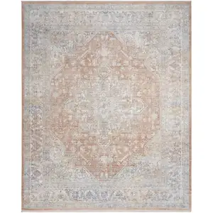 Photo of Brown and Blue Oriental Power Loom Distressed Area Rug With Fringe