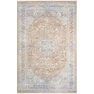 Photo of Brown and Blue Oriental Power Loom Distressed Area Rug