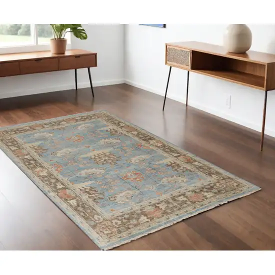 Brown and Blue Wool Oriental Hand Knotted Area Rug Photo 1