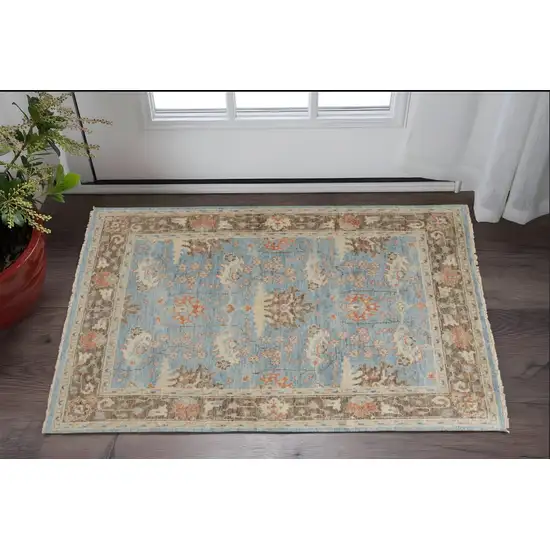 Brown and Blue Wool Oriental Hand Knotted Area Rug Photo 1