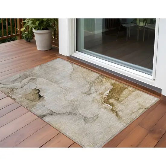 Beige and Brown Abstract Washable Indoor Outdoor Area Rug Photo 1