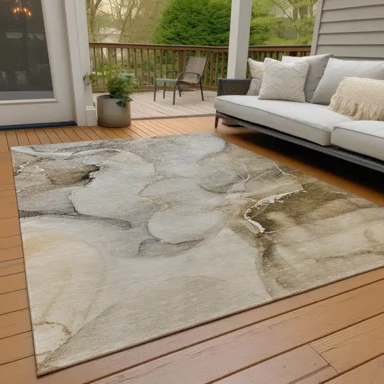 Beige and Brown Abstract Washable Indoor Outdoor Area Rug Photo 9