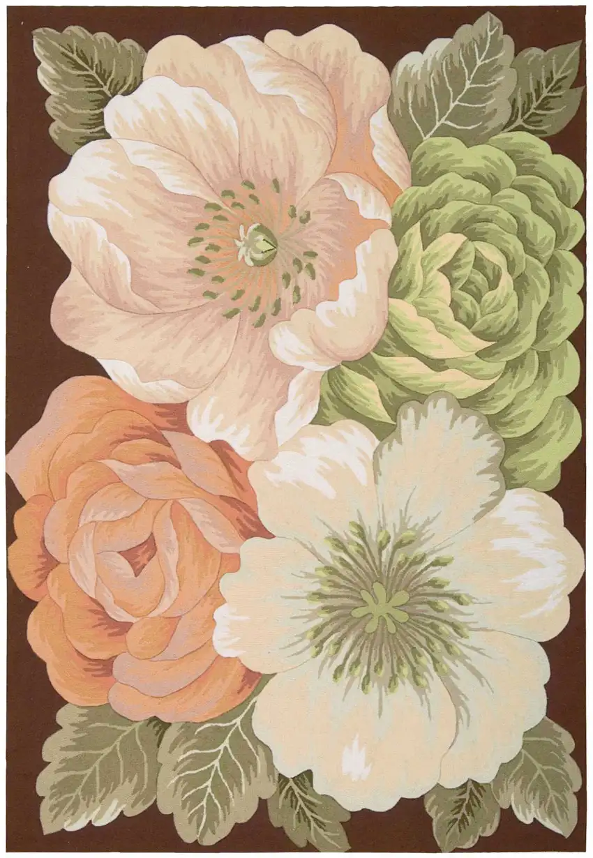 Brown and Green Floral Hand Hooked Area Rug Photo 2