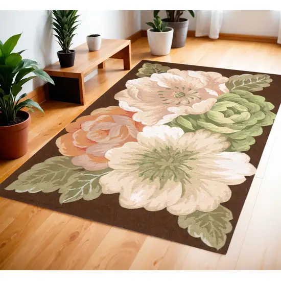 Brown and Green Floral Hand Hooked Area Rug Photo 1