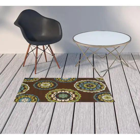 Brown and Green Floral Medallion Indoor Outdoor Area Rug Photo 2